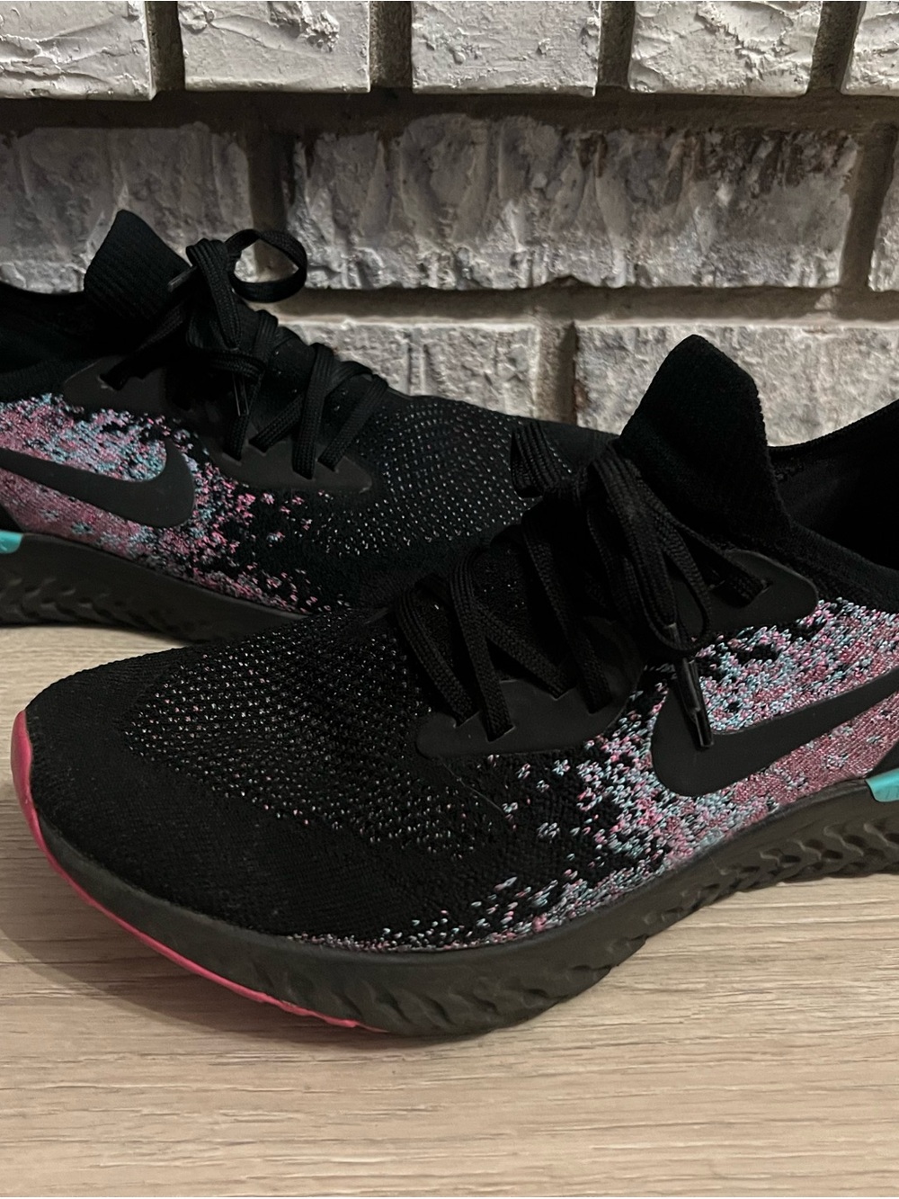 Nike Women's Black Flyknit Running Shoes with Pink & Teal Speckle